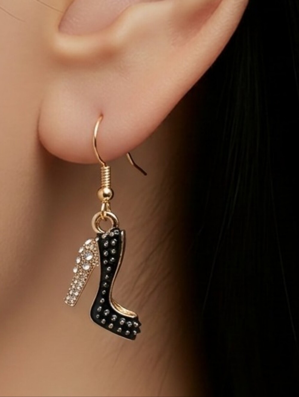 Black High Heel Earrings Gold Rhinestone Pump Dangle Fashionista Glam Jewelry
